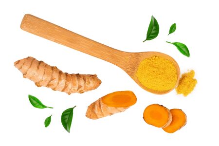 Turmeric powder and turmeric root isolated on white background. Top view. Flat lay.の写真素材