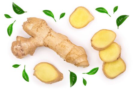 fresh Ginger root and slice isolated on white background. Top view. Flat lay.の写真素材