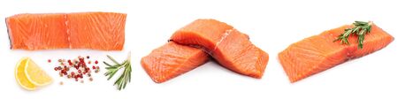 fillet of red fish salmon with lemon and rosemary isolated on white background. Top view. Flat layの写真素材