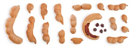 Tamarind fruit isolated on white background, Top view. Flat lay. Set or collectionの写真素材