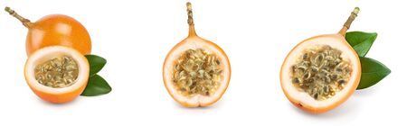 Granadilla or yellow passion fruit with leaf isolated on white background. Set or collection.
