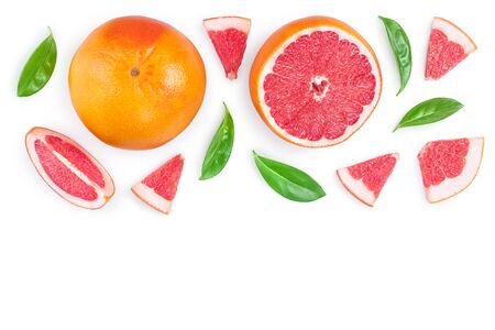Grapefruit and slices with leaves isolated on white background with copy space for your text. Top view. Flat lay pattern.の写真素材