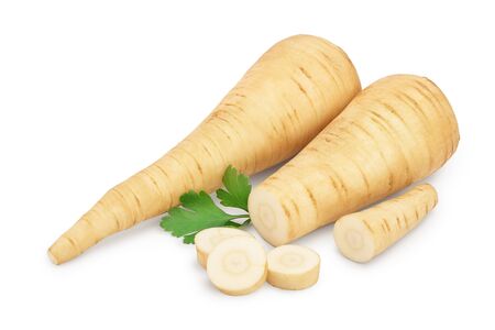 Parsnip root and slices with parsley isolated on white backgroundの写真素材