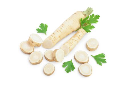 Parsley root with slices and leaves isolated on white background. Top view. Flat layの写真素材