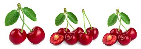 Set of cherries with leaf closeup isolated on white background.