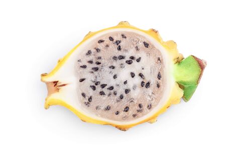 Dragon fruit half, Pitaya or Pitahaya yellow isolated on white background. Top view. Flat lay.の写真素材
