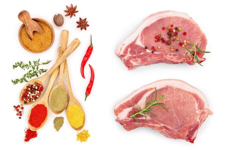 sliced raw pork meat with spices isolated on white background. Top view. Flat layの写真素材