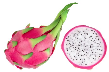 Ripe Dragon fruit, Pitaya or Pitahaya isolated on white background, fruit healthy concept. Top view. Flat layの写真素材
