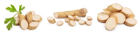 Horseradish root with slices and parsley isolated on white background. Set or collectionの写真素材