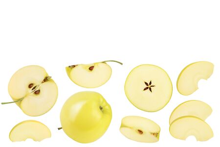 yellow apple with half isolated on white background with full depth of field. Top view. Flat lay with copy space for your text.の写真素材