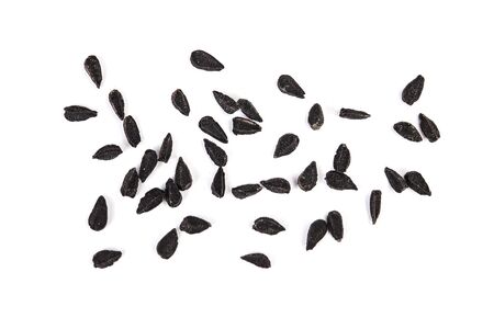 Nigella sativa or Black cumin isolated on white background. Top view. Flat lay.の写真素材