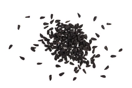 Nigella sativa or Black cumin isolated on white background. Top view. Flat lay.の写真素材