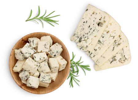 diced Blue cheese in wooden bowl isolated on white background with clipping path and full depth of field. Top view. Flat lay.の写真素材