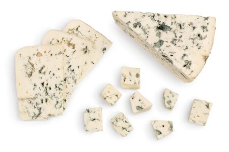 sliced Blue cheese isolated on white background with clipping path and full depth of field. Top view. Flat lay.の写真素材