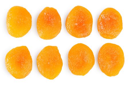 Dried apricots isolated on white background with clipping path and full depth of field. Top view. Flat lay. Set or collectionの写真素材