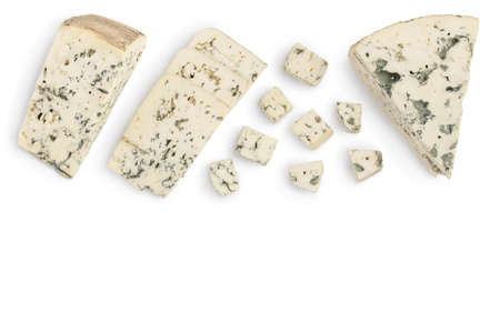 Blue cheese slices with rosemary isolated on white background