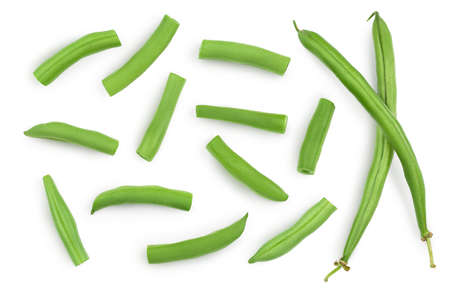 Green beans isolated on a white background. Top view. Flat layの写真素材