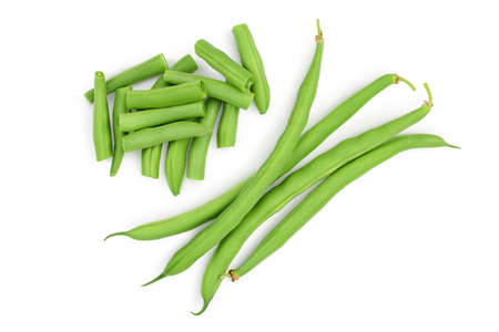 Green beans isolated on a white background. Top view. Flat lay