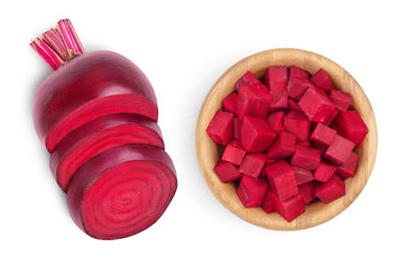beetroot diced in wooden bowl isolated on white background. Top view. Flat lay