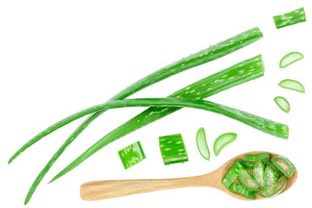 Aloe vera sliced in wooden bowl isolated on white background. Top view with copy space for your text. Flat layの写真素材
