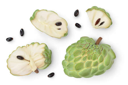 Sugar apple or custard apple isolated on white background with clipping path. Exotic tropical Thai annona or cherimoya fruit. Top view. Flat layの写真素材