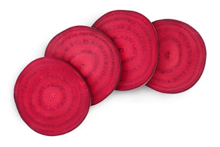 beetroot slices isolated on white background with clipping path and full depth of field. Top view....