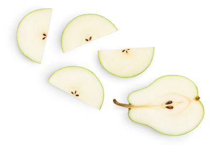 Green pear fruit slices isolated on white background