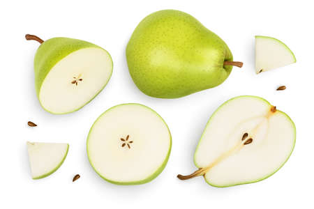 Green pear fruit with slices isolated on white background