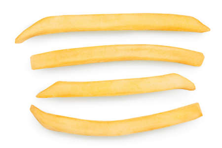 French fries or fried potatoes isolated on white background with clipping path. Top view. Flat lay....