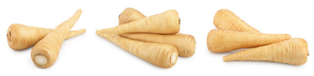 Parsnip root and slices with parsley isolated on white background closeup, Set or collectionの写真素材