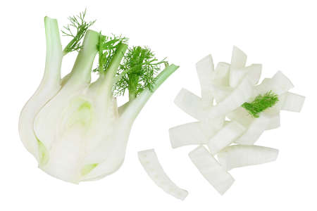 fresh fennel bulb half with slices isolated on white background . Top view. Flat layの写真素材