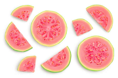 Guava fruit slices isolated on white background   and full depth of field. Top view. Flat layの写真素材