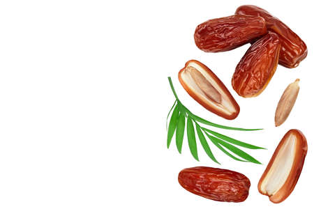 Dates isolated on white background . Top view with copy space for your text. Flat lay