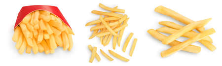 French fries or fried potatoes isolated on white background. Set or collection