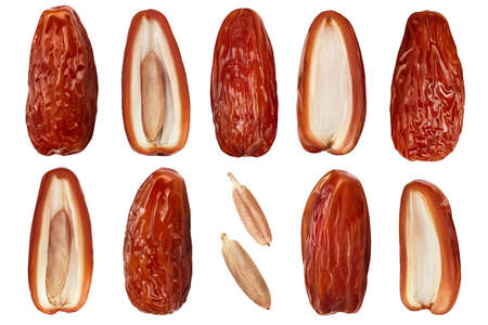 Dates isolated on white background. Top view. Flat lay. Set or collectionの写真素材