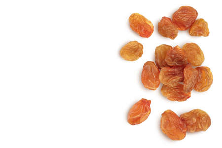 Brown raisin isolated on white background with clipping path. Top view with copy space for your text. . Flat layの写真素材