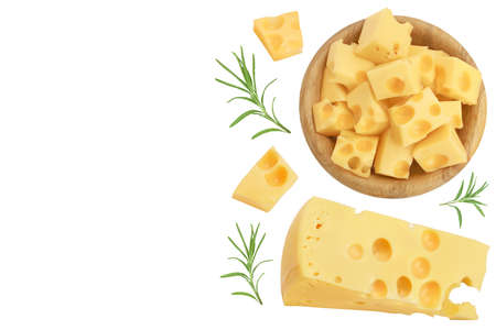 piece of cheese in wooden bowl isolated on white background. Top view with copy space for your text. Flat layの写真素材