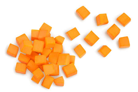butternut squash diced isolated on white background with clipping path and full depth of field. Top view. Flat layの写真素材