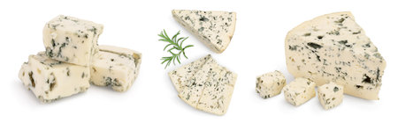 Blue cheese with rosemary isolated on white background with full depth of field. Set or collectionの写真素材