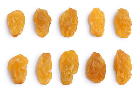 Yellow raisin isolated on white background with clipping path. Top view. Flat layの写真素材