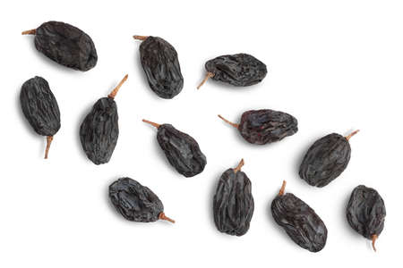 Black raisin isolated on white background. Top view. Flat layの写真素材