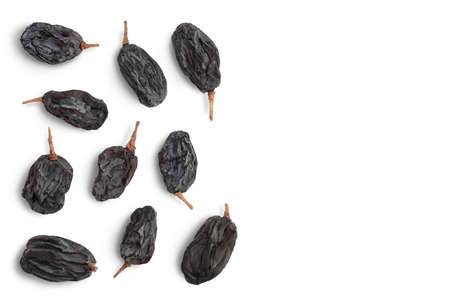 Black raisin isolated on white background with clipping path. Top view with copy space for your text. . Flat layの写真素材