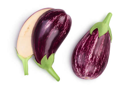 striped eggplant graffiti isolated on white background with clipping path and full depth of field. Top view. Flat layの写真素材