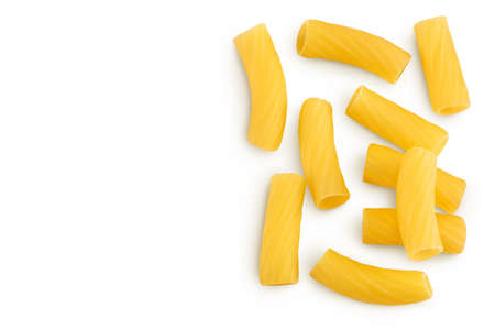 raw italian Rigatoni pasta isolated on white background with clipping path and full depth of field. Top view with copy space for your text. Flat layの写真素材