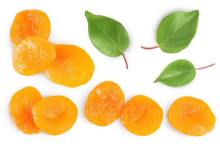 Dried apricots isolated on white background with clipping path and full depth of field. Top view. Flat layの写真素材