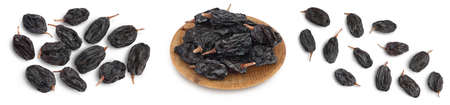 Black raisin isolated on white background with clipping path. Top view. Flat lay. Set or collectionの写真素材