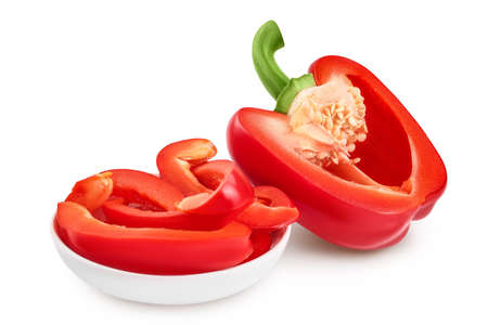 slices of red sweet bell pepper in ceramic bowl isolated on white background