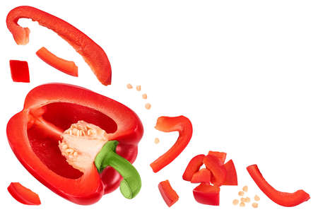 slices of red sweet bell pepper isolated on white background. Top view with copy space for your text. Flat layの写真素材