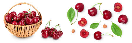 red sweet cherry in a wicker basket isolated on white background with full depth of fieldの写真素材