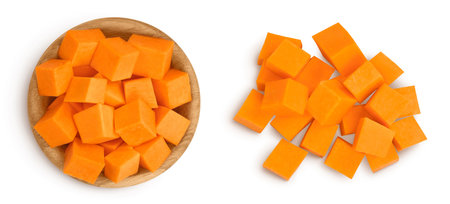butternut squash slice in wooden bowl isolated on white background with full depth of field. Top view. Flat layの写真素材